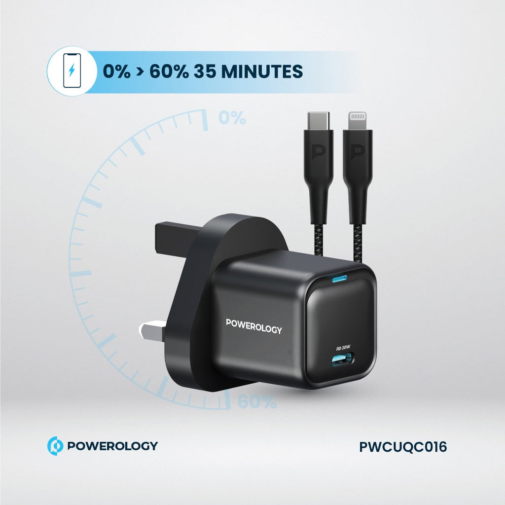شاحن باورولوجي جداري 20 واط بمنفذ تايب سي واحد, شحن سريع PD | Powerology 20W GaN Single USB-C PD Wall Charger, Fast Charging.
