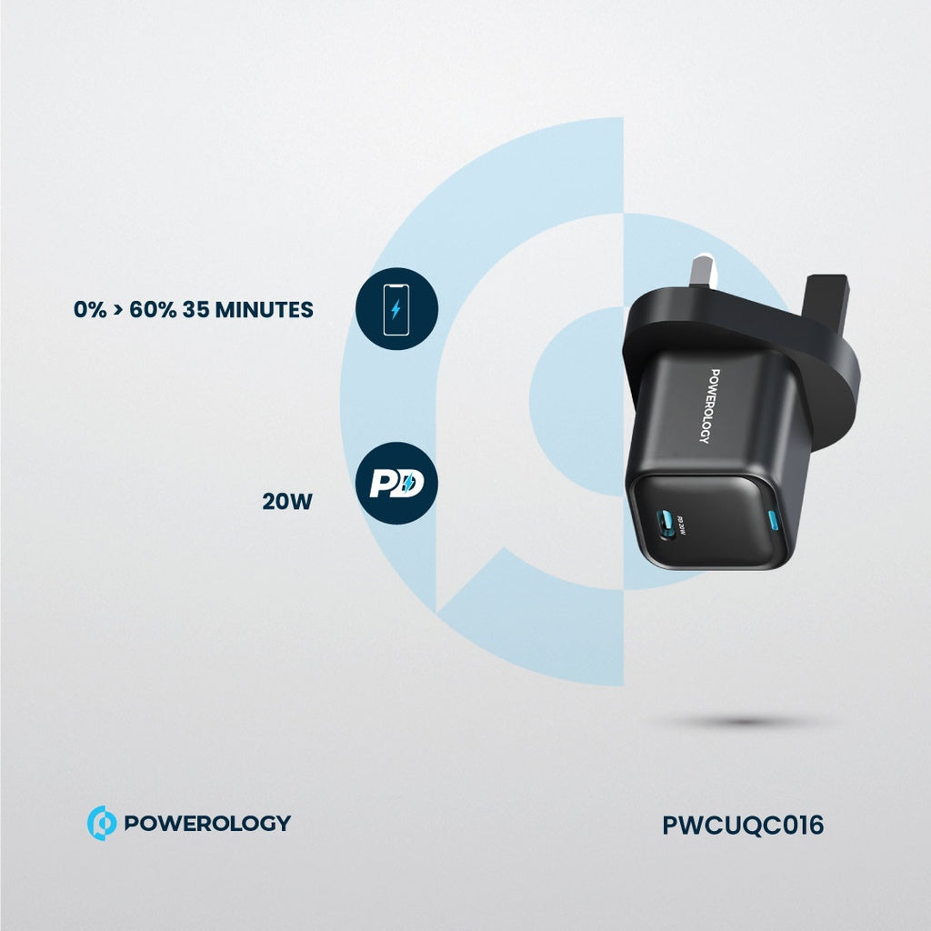 شاحن باورولوجي جداري 20 واط بمنفذ تايب سي واحد, شحن سريع PD | Powerology 20W GaN Single USB-C PD Wall Charger, Fast Charging.