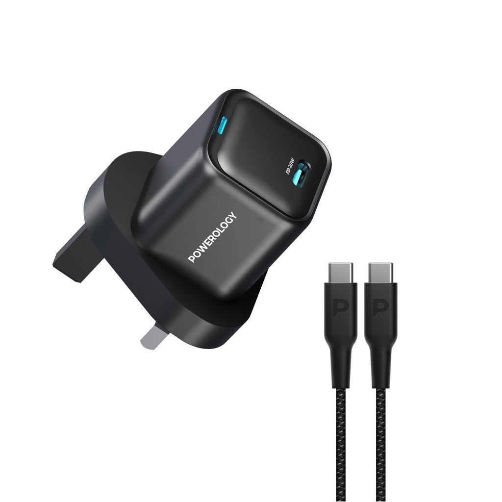 شاحن باورولوجي بقوة 20 واط بمنفذ تايب سي مع كيبل شحن تايب سي الى تايب سي بقوة 60 واط | Powerology 20W USB-C PD Wall Charger with 60W Type-C to C Cable.