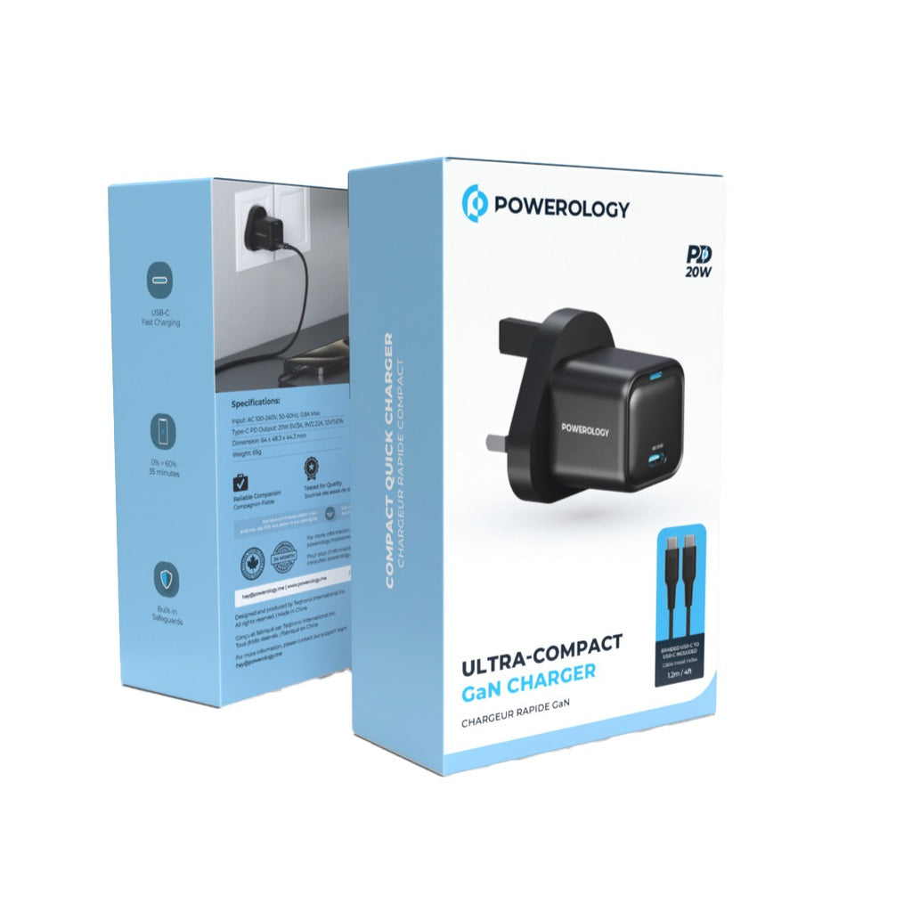 شاحن باورولوجي بقوة 20 واط بمنفذ تايب سي مع كيبل شحن تايب سي الى تايب سي بقوة 60 واط | Powerology 20W USB-C PD Wall Charger with 60W Type-C to C Cable.