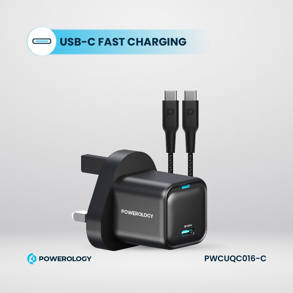 شاحن باورولوجي بقوة 20 واط بمنفذ تايب سي مع كيبل شحن تايب سي الى تايب سي بقوة 60 واط | Powerology 20W USB-C PD Wall Charger with 60W Type-C to C Cable.