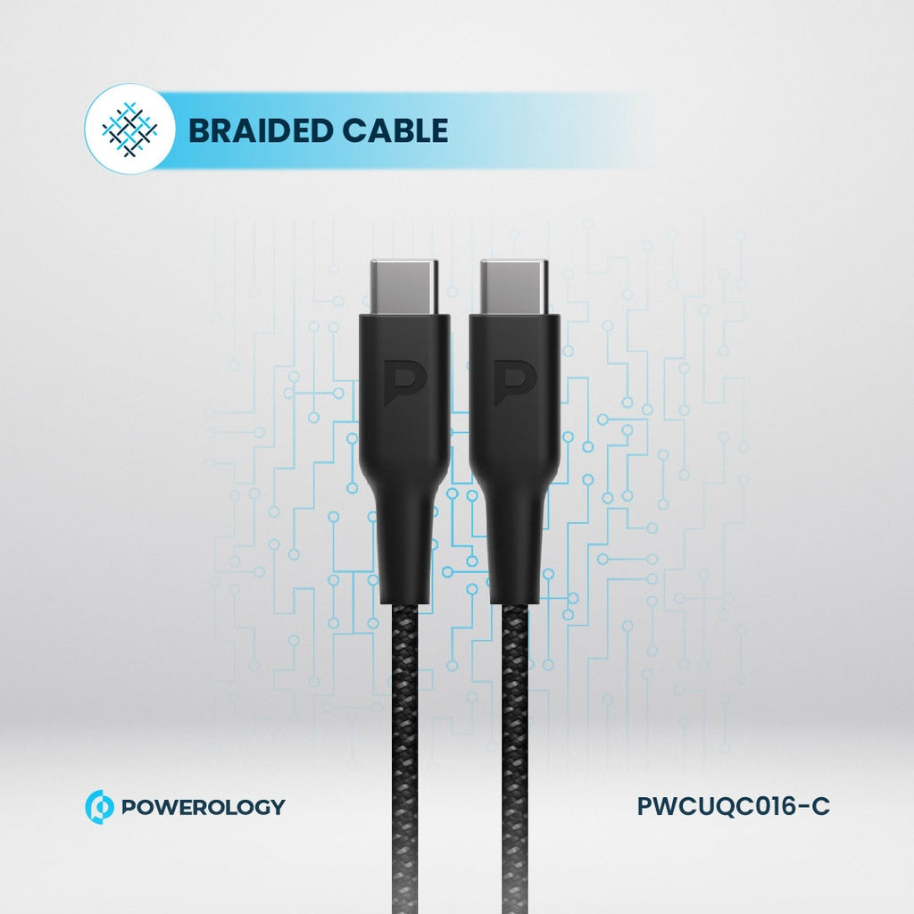 شاحن باورولوجي بقوة 20 واط بمنفذ تايب سي مع كيبل شحن تايب سي الى تايب سي بقوة 60 واط | Powerology 20W USB-C PD Wall Charger with 60W Type-C to C Cable.