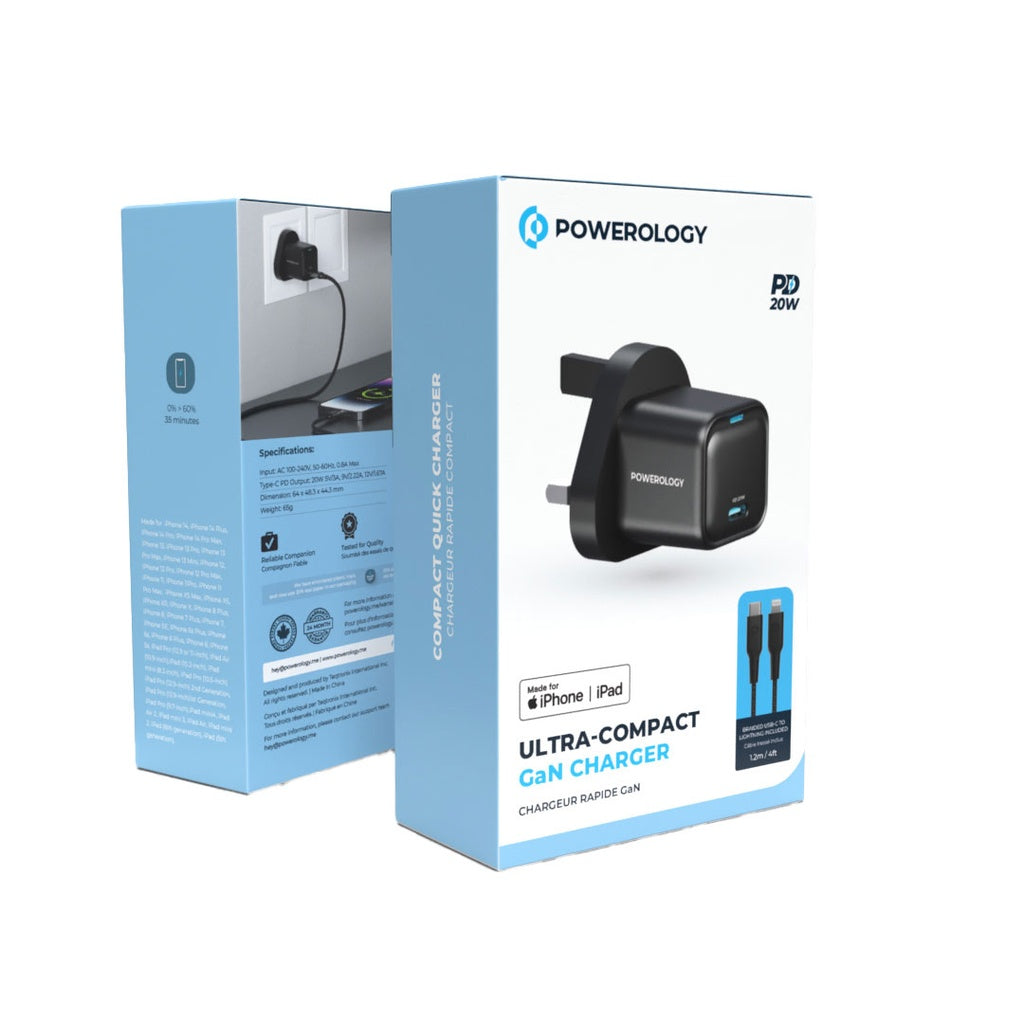شاحن باورولوجي سريع بمنفذ يو اس بي سي بقدرة 20 واط مع كيبل تايب سي الى لايتننغ بقوة 27 واط | Powerology 20W Single C Port PD Charger UK with Type-C to Lightning MFI 27W Cable.