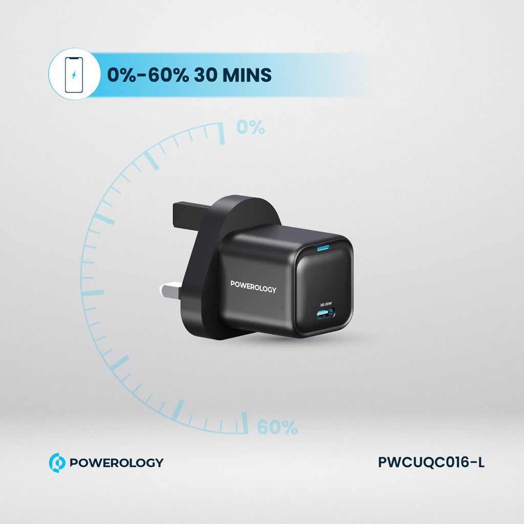 شاحن باورولوجي سريع بمنفذ يو اس بي سي بقدرة 20 واط مع كيبل تايب سي الى لايتننغ بقوة 27 واط | Powerology 20W Single C Port PD Charger UK with Type-C to Lightning MFI 27W Cable.