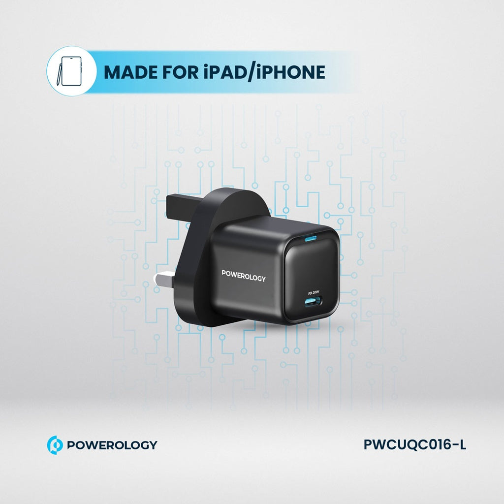 شاحن باورولوجي سريع بمنفذ يو اس بي سي بقدرة 20 واط مع كيبل تايب سي الى لايتننغ بقوة 27 واط | Powerology 20W Single C Port PD Charger UK with Type-C to Lightning MFI 27W Cable.