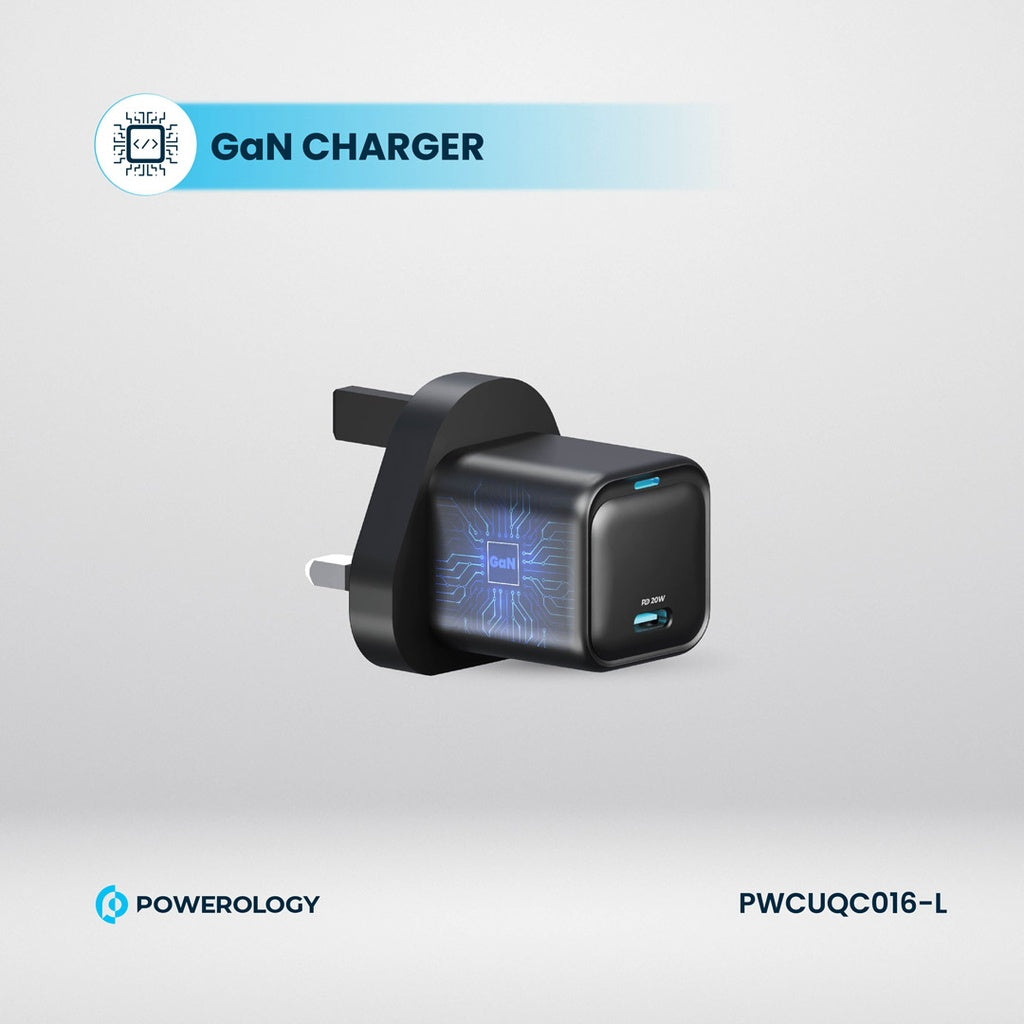 شاحن باورولوجي سريع بمنفذ يو اس بي سي بقدرة 20 واط مع كيبل تايب سي الى لايتننغ بقوة 27 واط | Powerology 20W Single C Port PD Charger UK with Type-C to Lightning MFI 27W Cable.