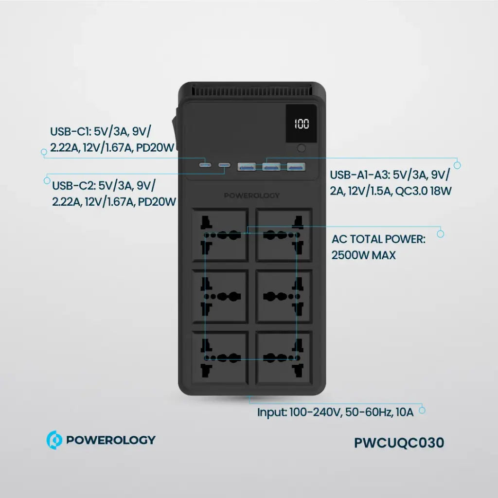 وصلة كهربائية باورولوجي بقدرة 2500 واط مع 6 منافذ AC وكيبلات مدمجة قابلة للسحب - اسود | Powerology 2500W 6 AC Power Strip With Built-In Retractable Cables – Black