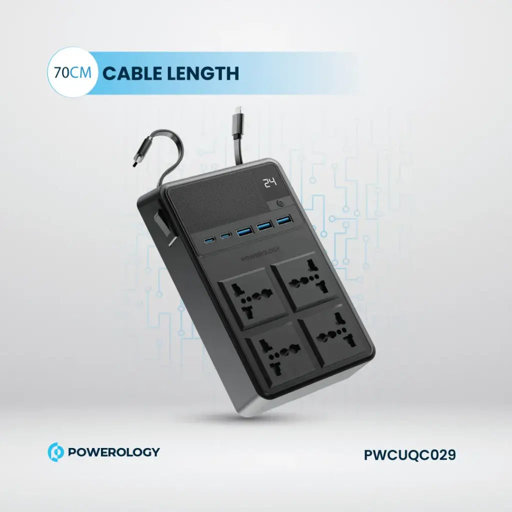 مشترك كهرباء باورولوجي 2500 واط مع 4 منافذ AC وكيبلات مدمجة قابلة للسحب - اسود | Powerology 2500W 4 AC Power Strip With Built-In Retractable Cables - Black