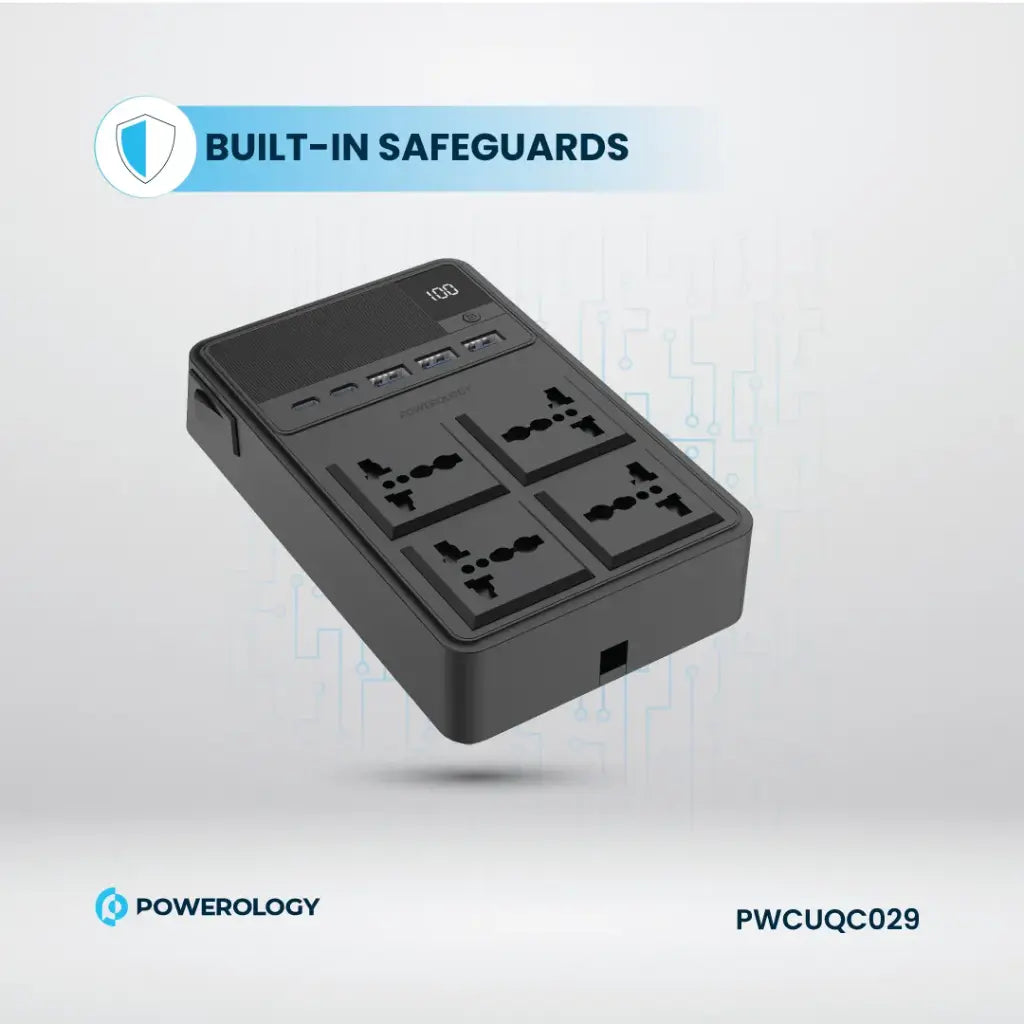 مشترك كهرباء باورولوجي 2500 واط مع 4 منافذ AC وكيبلات مدمجة قابلة للسحب - اسود | Powerology 2500W 4 AC Power Strip With Built-In Retractable Cables - Black