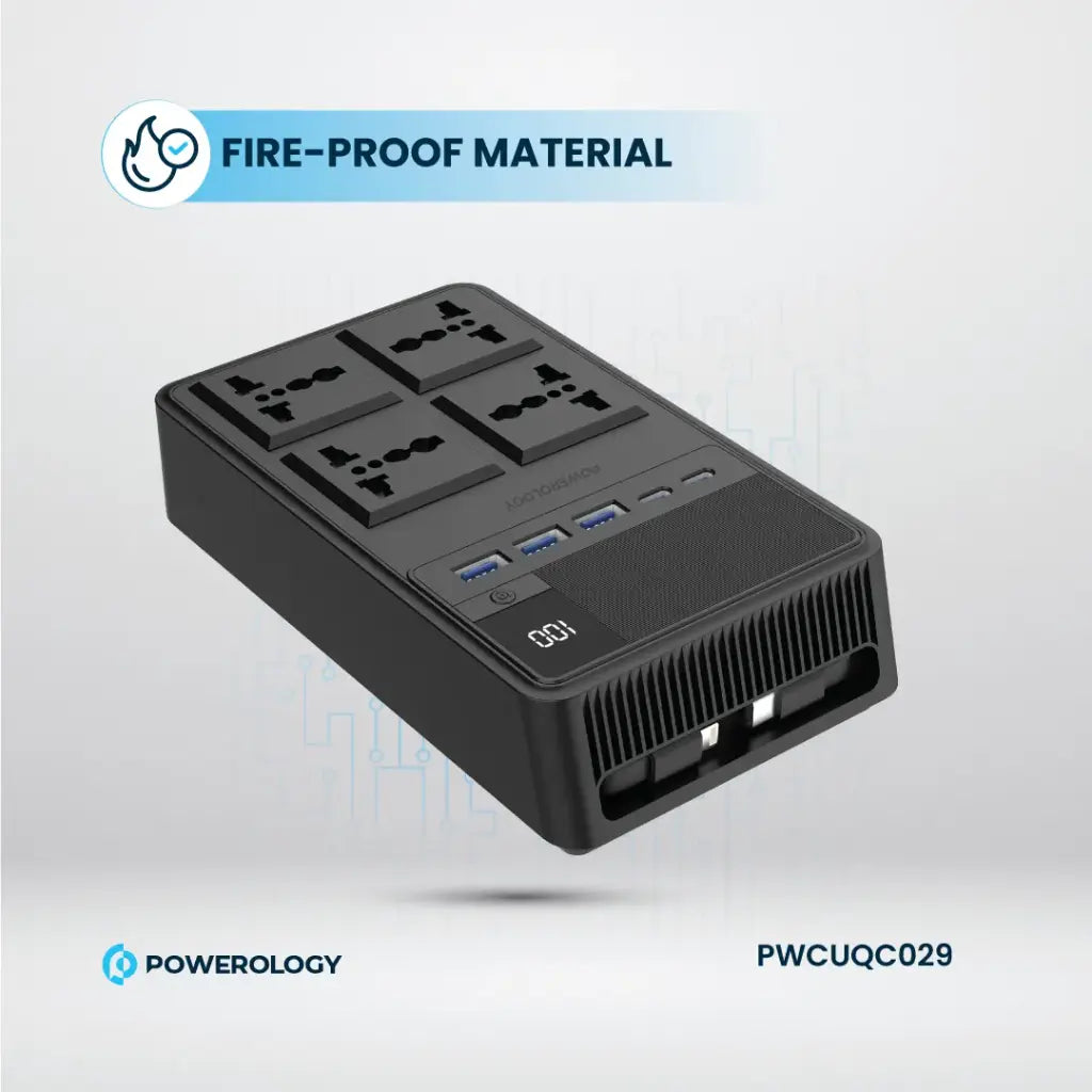 مشترك كهرباء باورولوجي 2500 واط مع 4 منافذ AC وكيبلات مدمجة قابلة للسحب - اسود | Powerology 2500W 4 AC Power Strip With Built-In Retractable Cables - Black