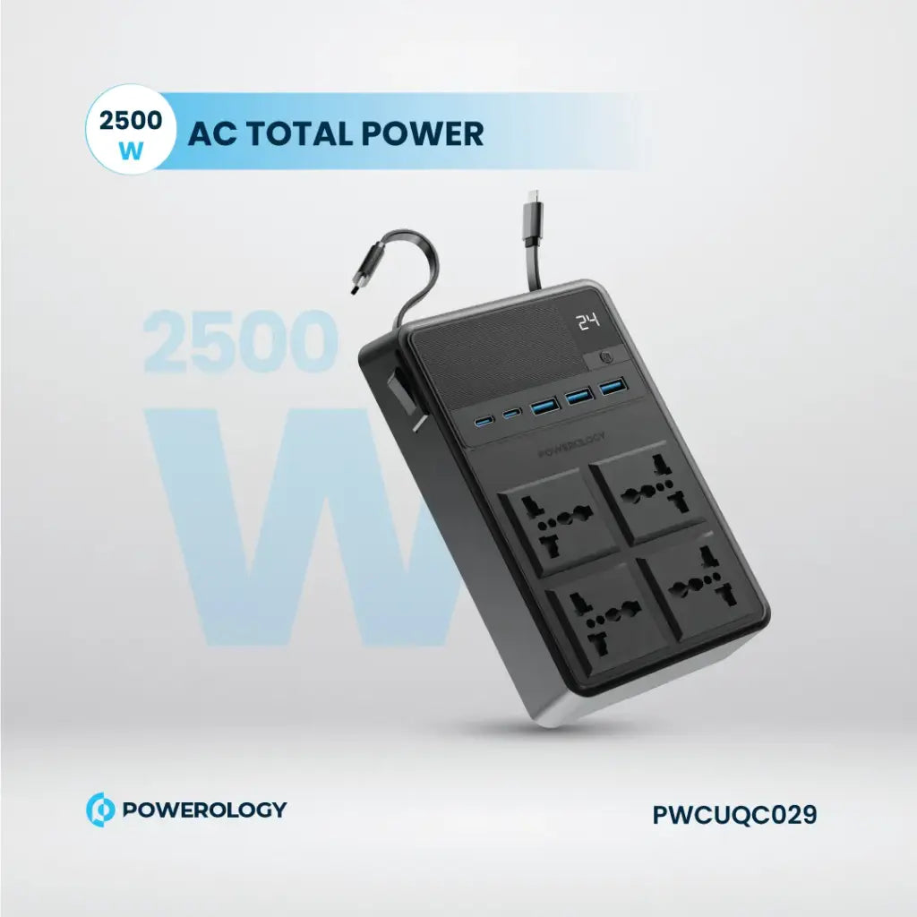 مشترك كهرباء باورولوجي 2500 واط مع 4 منافذ AC وكيبلات مدمجة قابلة للسحب - اسود | Powerology 2500W 4 AC Power Strip With Built-In Retractable Cables - Black