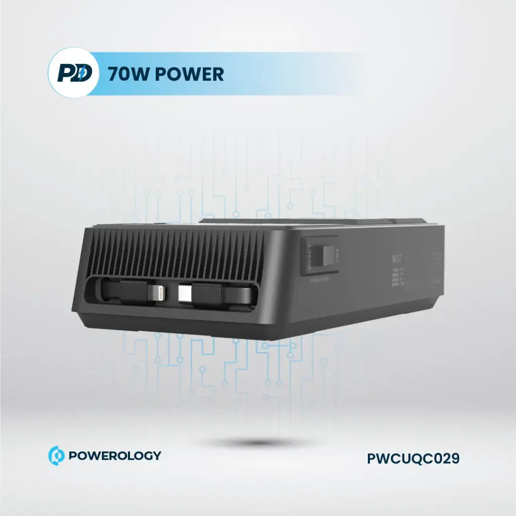 مشترك كهرباء باورولوجي 2500 واط مع 4 منافذ AC وكيبلات مدمجة قابلة للسحب - اسود | Powerology 2500W 4 AC Power Strip With Built-In Retractable Cables - Black