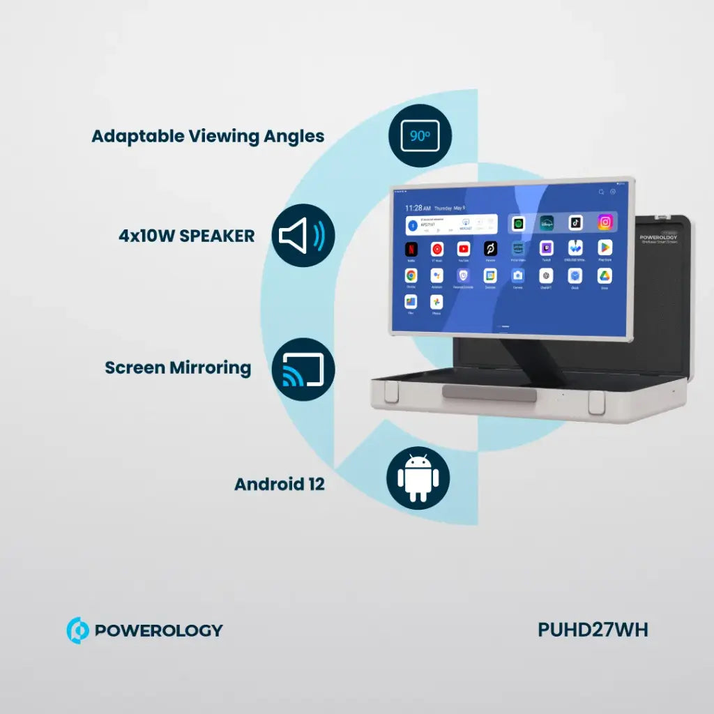 جهاز تابلت اندرويد لوحي محمول 27 بوصة من باورولوجي, بشاشة لمس وبطارية بسعة 6800 مللي امبير - ابيض | Powerology 27” UHD Android Portable Outdoor Tablet 8GB RAM 128GB Storage – White