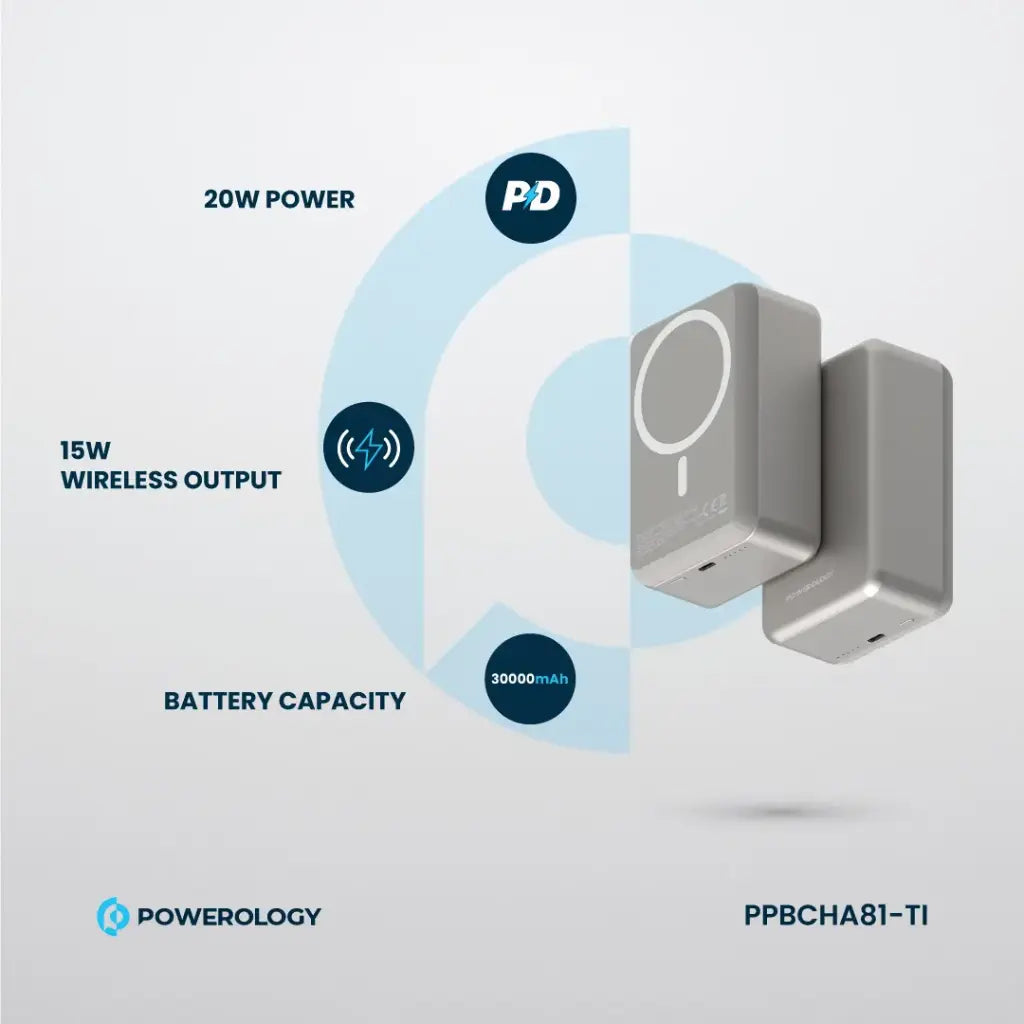 Bankeya Hêza Bêtêl a Powerology MagSafe, 30,000mAh, Barkirina 20W - Tîtanyûm | Bankeya Hêza Bêtêl a Powerology PD20W MagSafe 30000mAh – Tîtanyûm