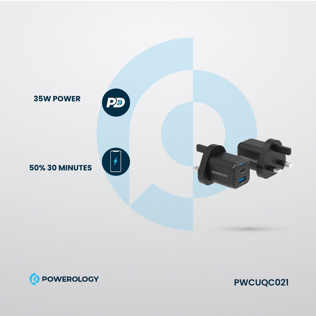 شاحن باورولوجي GaN بقدرة 35 واط بمنفذي يو اس بي سي و يو اس بي اي مع كيبل يو اس بي سي الى لايتننغ | Powerology 35W PD QC GaN Charger UK 1xUSB-C 35W + 1xUSB-A 18W with USB-C to Lightning Cable.