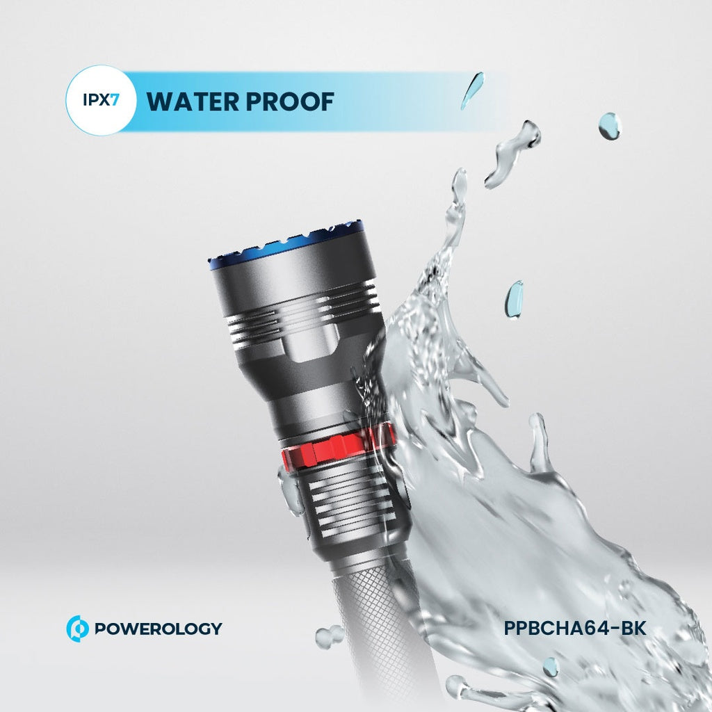 كشاف باورولوجي LED قابل لاعادة الشحن باضائة 1000 لومن, مدى 920 متر - اسود | Powerology 1000LM/900M Rechargeable LED Flash Light - Black.