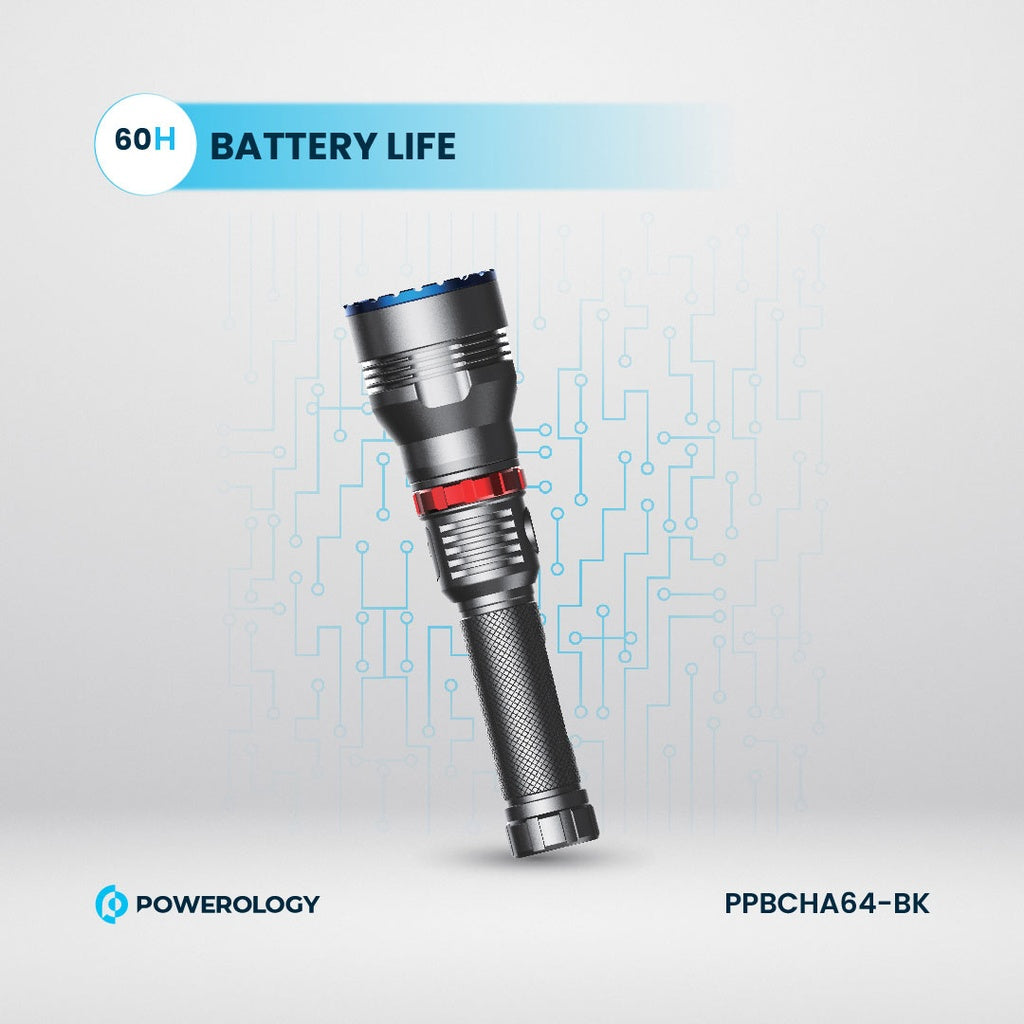 كشاف باورولوجي LED قابل لاعادة الشحن باضائة 1000 لومن, مدى 920 متر - اسود | Powerology 1000LM/900M Rechargeable LED Flash Light - Black.
