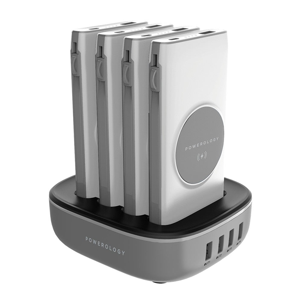 باورولوجي محطة باور بانك لاسلكية 4 في 1 بسعة 10000 مللي امبير مع كيبل مدمج لايتننغ وتايب سي | Powerology 4 in 1 Wireless Power Bank Station 10000mAh with Built-in Cable with Lightning and Type-C.