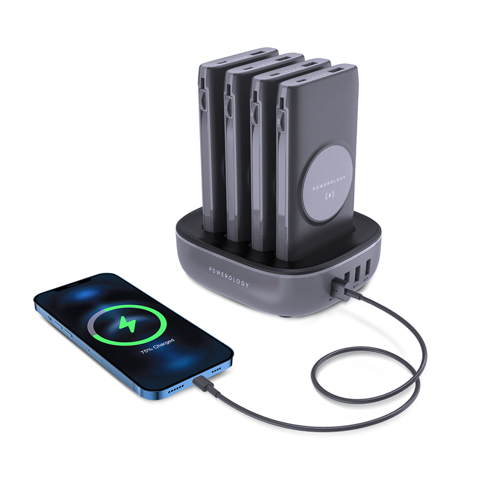 باورولوجي محطة باور بانك لاسلكية 4 في 1 بسعة 10000 مللي امبير مع كيبل مدمج لايتننغ وتايب سي | Powerology 4 in 1 Wireless Power Bank Station 10000mAh with Built-in Cable with Lightning and Type-C.