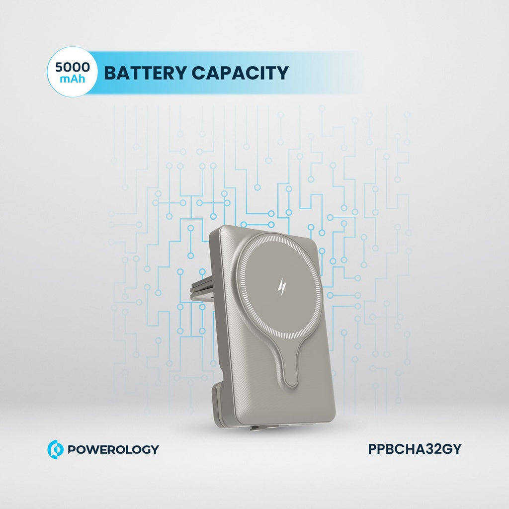 حامل هاتف للسيارة من باورولوجي مع شاحن لاسلكي مغناطيسي بقدرة 15 واط, وباور بانك 5000mAh | Powerology Car Mount with Magnetic Wireless Charger & 5000mAh Power Bank – 15W MagSafe Charging.