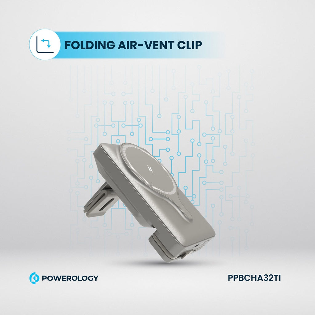حامل هاتف للسيارة من باورولوجي مع شاحن لاسلكي مغناطيسي بقدرة 15 واط, وباور بانك 5000mAh | Powerology Car Mount with Magnetic Wireless Charger & 5000mAh Power Bank – 15W MagSafe Charging.