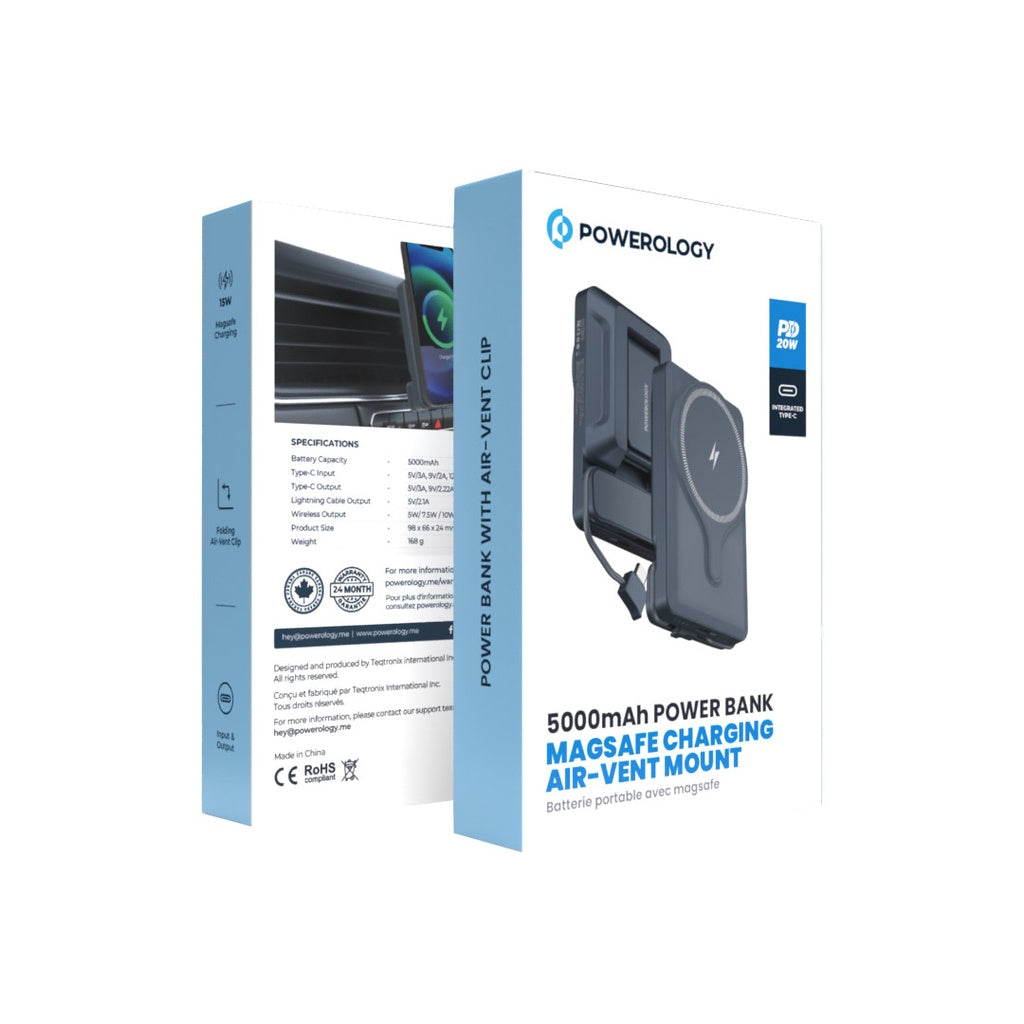 حامل هاتف للسيارة من باورولوجي مع شاحن لاسلكي مغناطيسي بقدرة 15 واط, وباور بانك 5000mAh | Powerology Car Mount with Magnetic Wireless Charger & 5000mAh Power Bank – 15W MagSafe Charging.