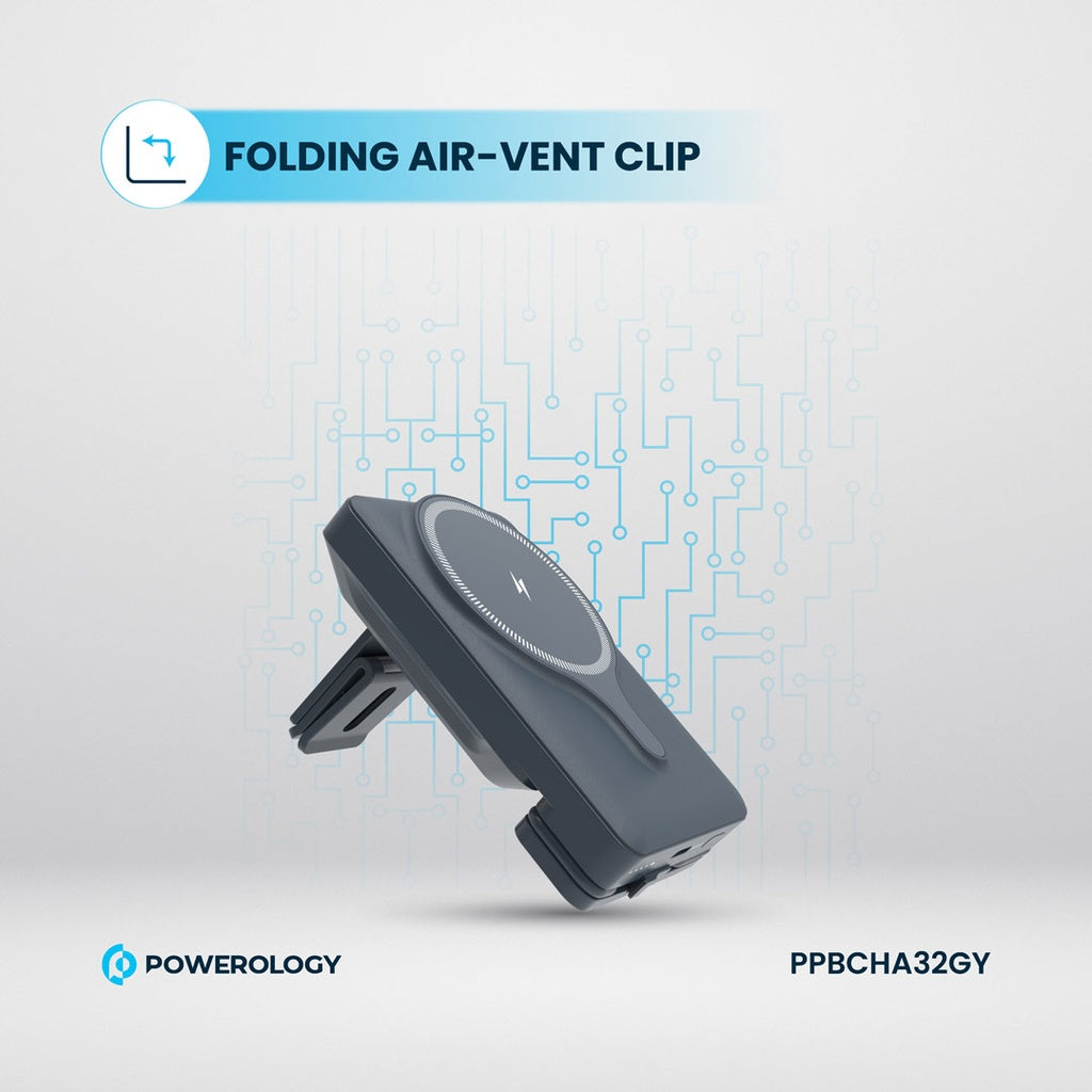 حامل هاتف للسيارة من باورولوجي مع شاحن لاسلكي مغناطيسي بقدرة 15 واط, وباور بانك 5000mAh | Powerology Car Mount with Magnetic Wireless Charger & 5000mAh Power Bank – 15W MagSafe Charging.