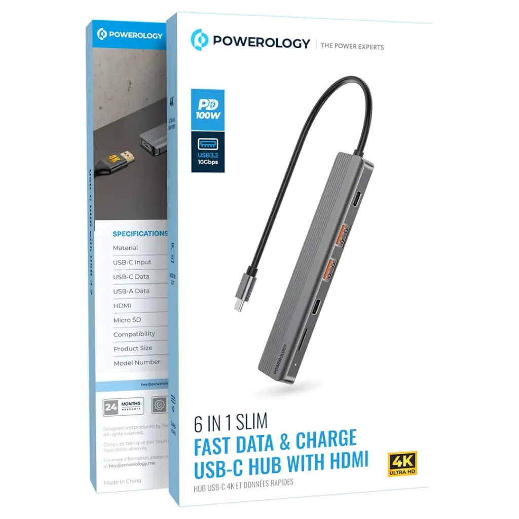 محول باورولوجي 6 في 1 النحيف مع HDMI 4K وشحن سريع بقدرة 100 واط و Micro SD - رمادي داكن | Powerology 6 in 1 Slim 4K HDMI USB-C Hub PD 100W USB MicroSD – Dark Grey