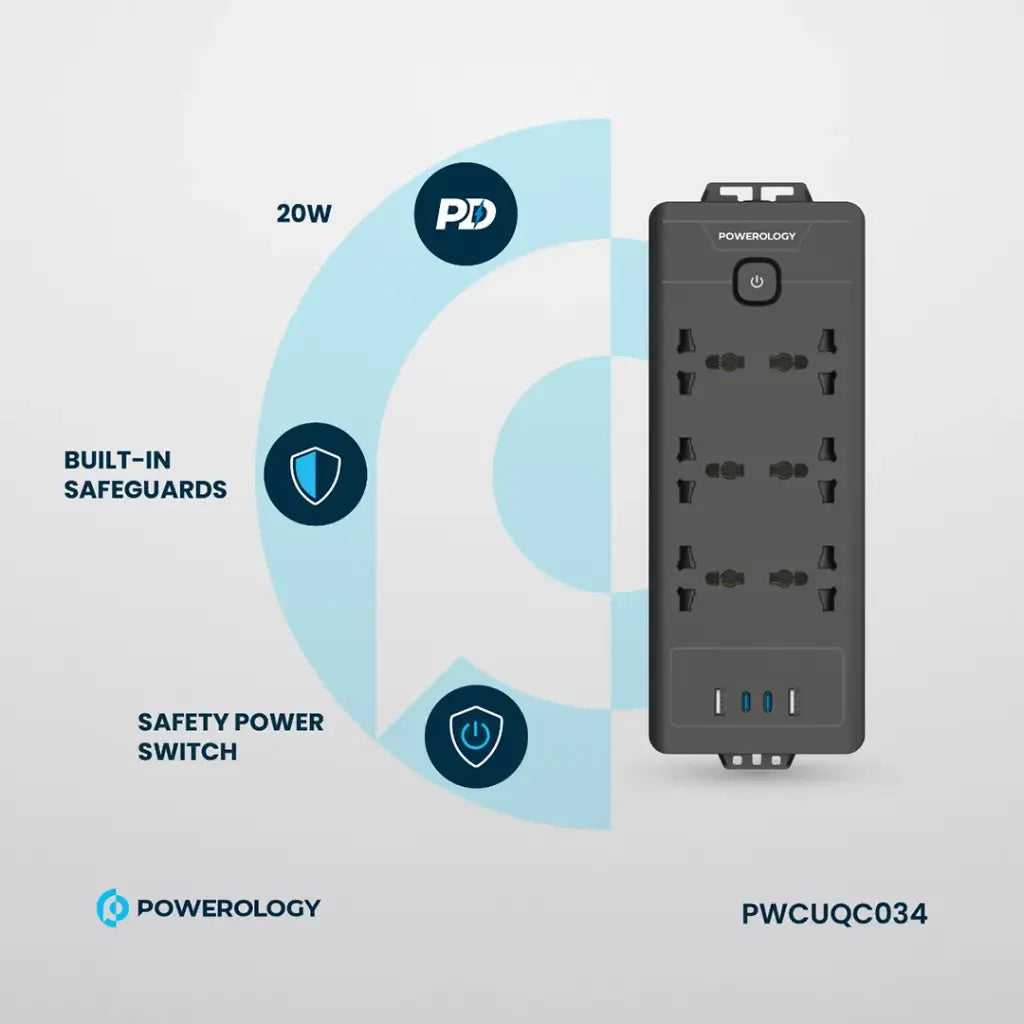 تقسيم باورولوجي 6 منافذ مع منفذين يو اس بي سي ومنفذين يو اس بي اي, كيبل بطول 2 متر | Powerology PD20W QC 3.0 2A + 2 Type C Socket, 2M Cable.