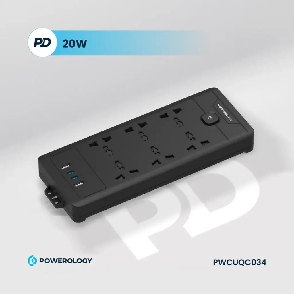 تقسيم باورولوجي 6 منافذ مع منفذين يو اس بي سي ومنفذين يو اس بي اي, كيبل بطول 2 متر | Powerology PD20W QC 3.0 2A + 2 Type C Socket, 2M Cable.