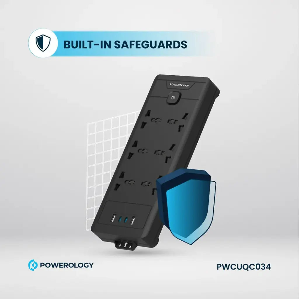 تقسيم باورولوجي 6 منافذ مع منفذين يو اس بي سي ومنفذين يو اس بي اي, كيبل بطول 2 متر | Powerology PD20W QC 3.0 2A + 2 Type C Socket, 2M Cable.