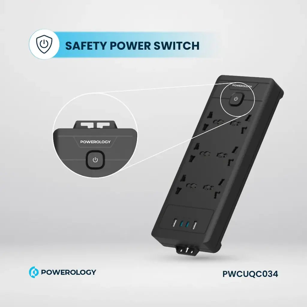 تقسيم باورولوجي 6 منافذ مع منفذين يو اس بي سي ومنفذين يو اس بي اي, كيبل بطول 2 متر | Powerology PD20W QC 3.0 2A + 2 Type C Socket, 2M Cable.