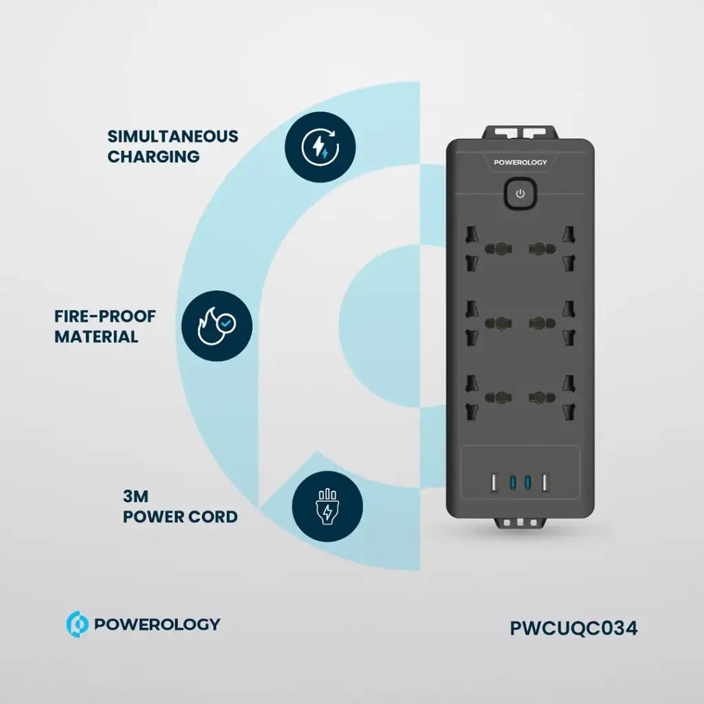 تقسيم باورولوجي 6 منافذ مع منفذين يو اس بي سي ومنفذين يو اس بي اي, كيبل بطول 2 متر | Powerology PD20W QC 3.0 2A + 2 Type C Socket, 2M Cable.