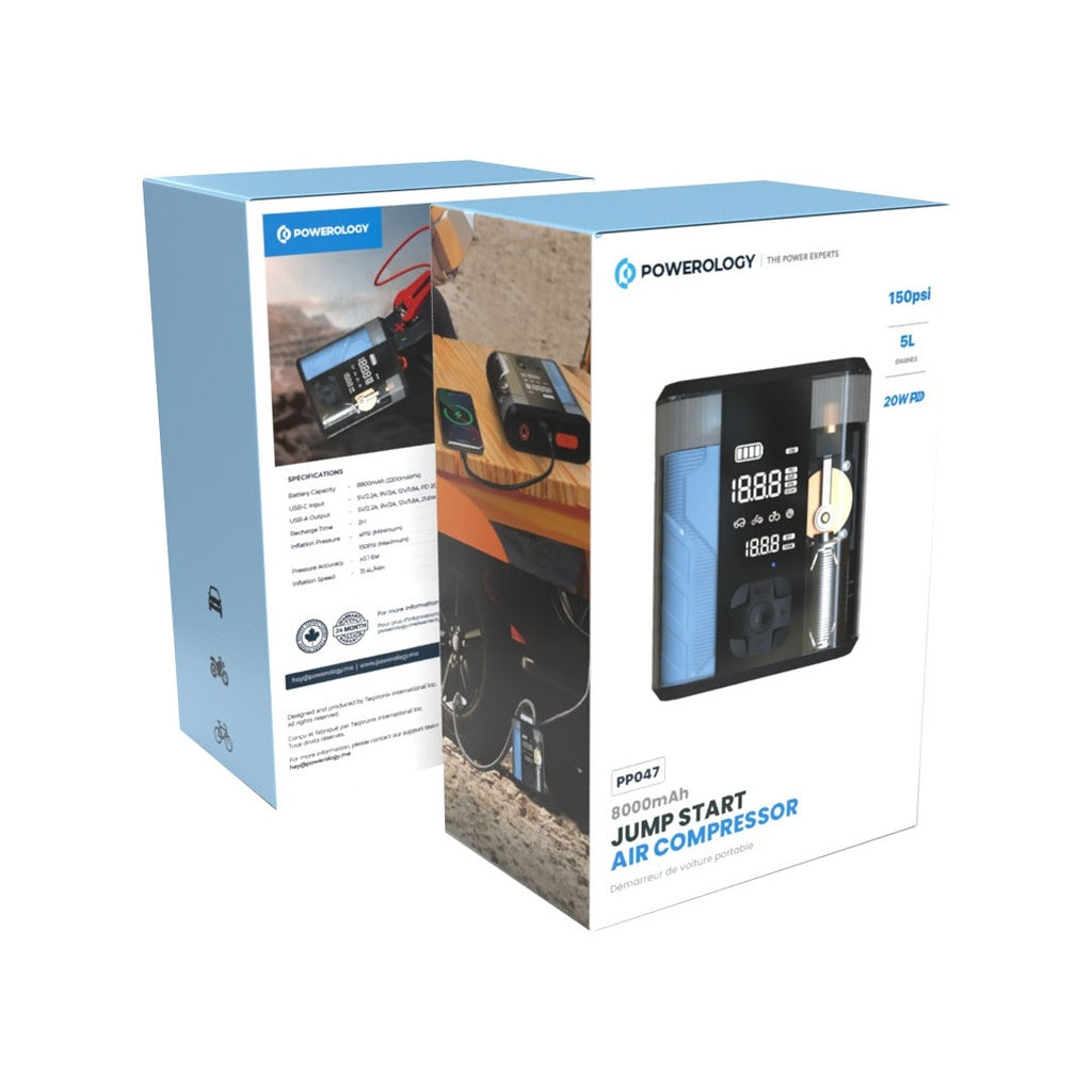 جهاز تشغيل بطارية السيارة من باورولوجي, متعدد الوظائف مع منفاخ اطارات, بطارية بسعة 8800 مللي امبير | Powerology 8800mAh Multi Functional Jump Starter with Tire Inflator.