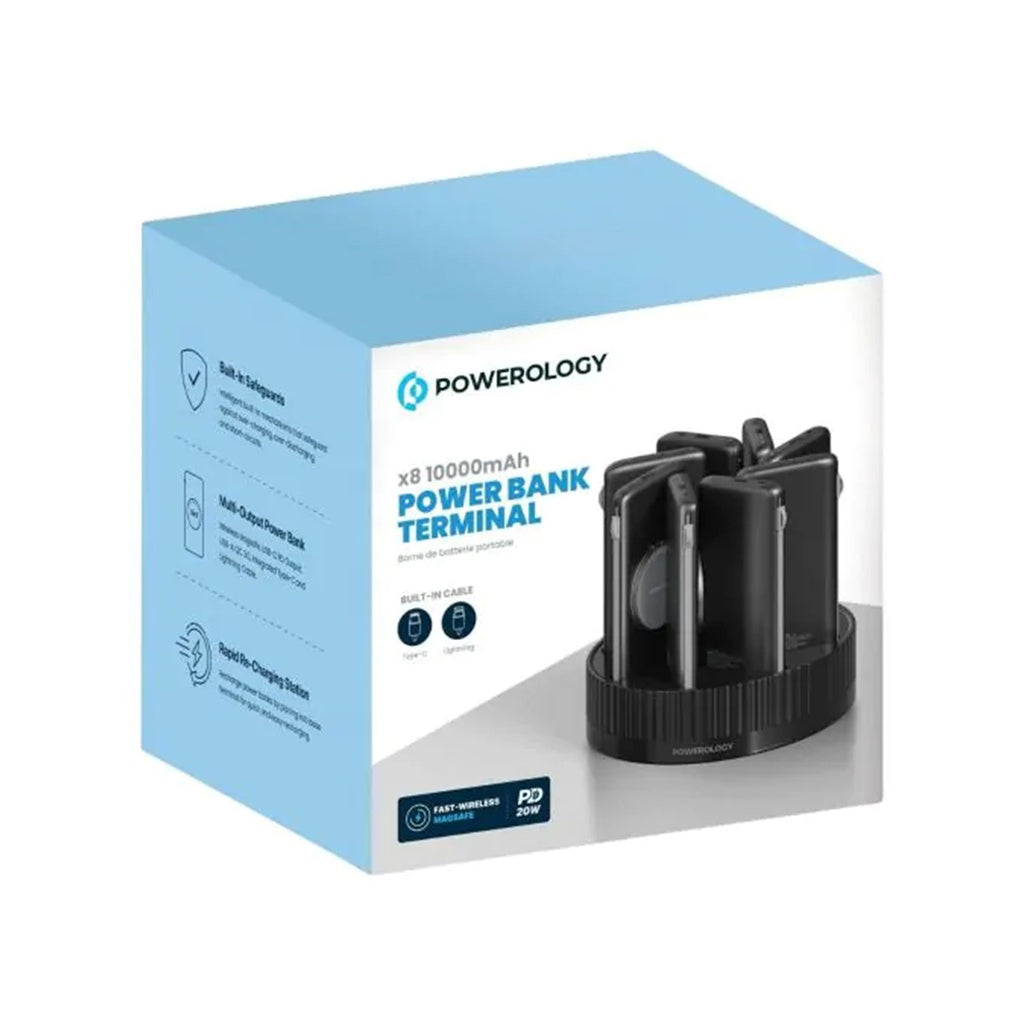 محطة شحن باورولوجي 8 في 1 , باور بانك بسعة 10000 مللي امبير بقدرة شحن سريع 120 واط - اسود | Powerology 8in1 Station 10000mAh PD 120W QC Wireless Power Bank - Black.