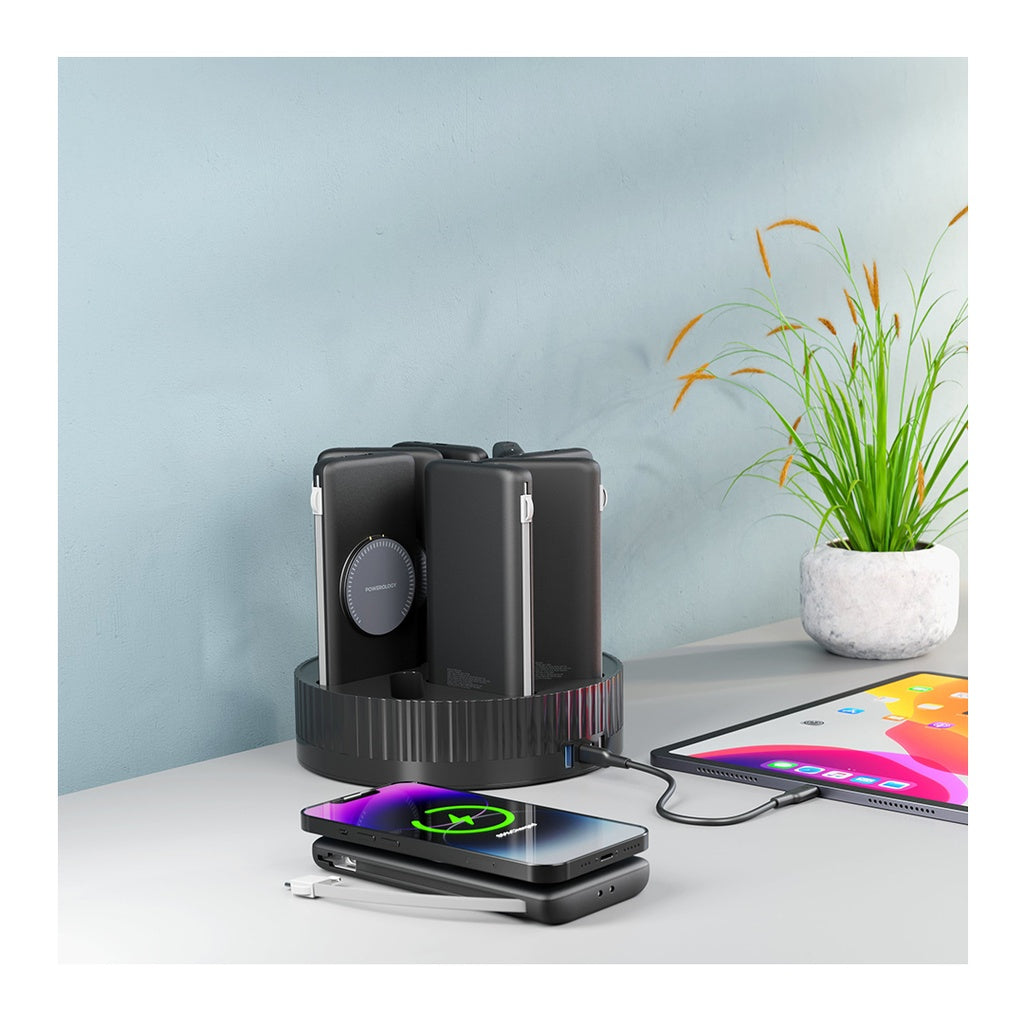 محطة شحن باورولوجي 8 في 1 , باور بانك بسعة 10000 مللي امبير بقدرة شحن سريع 120 واط - اسود | Powerology 8in1 Station 10000mAh PD 120W QC Wireless Power Bank - Black.