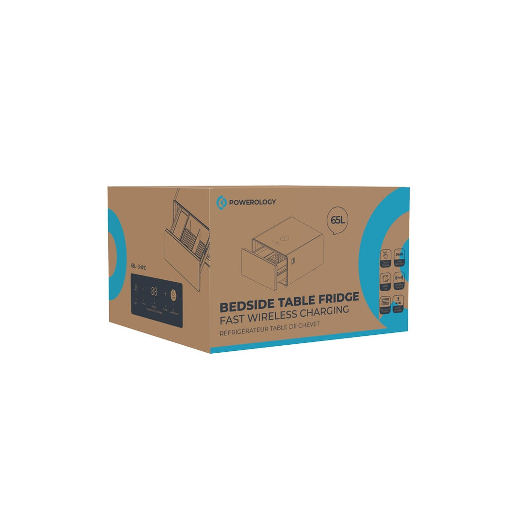 ثلاجة طاولة جانبية 65 لتر مع سطح زجاجي من باورولوجي, مع شاشة لمس وشحن لاسلكي ومنافذ يو اس بي - اسود | Powerology 65L Mini Side Table Fridge with LED Touch Display, Wireless Charging & USB Ports – Black