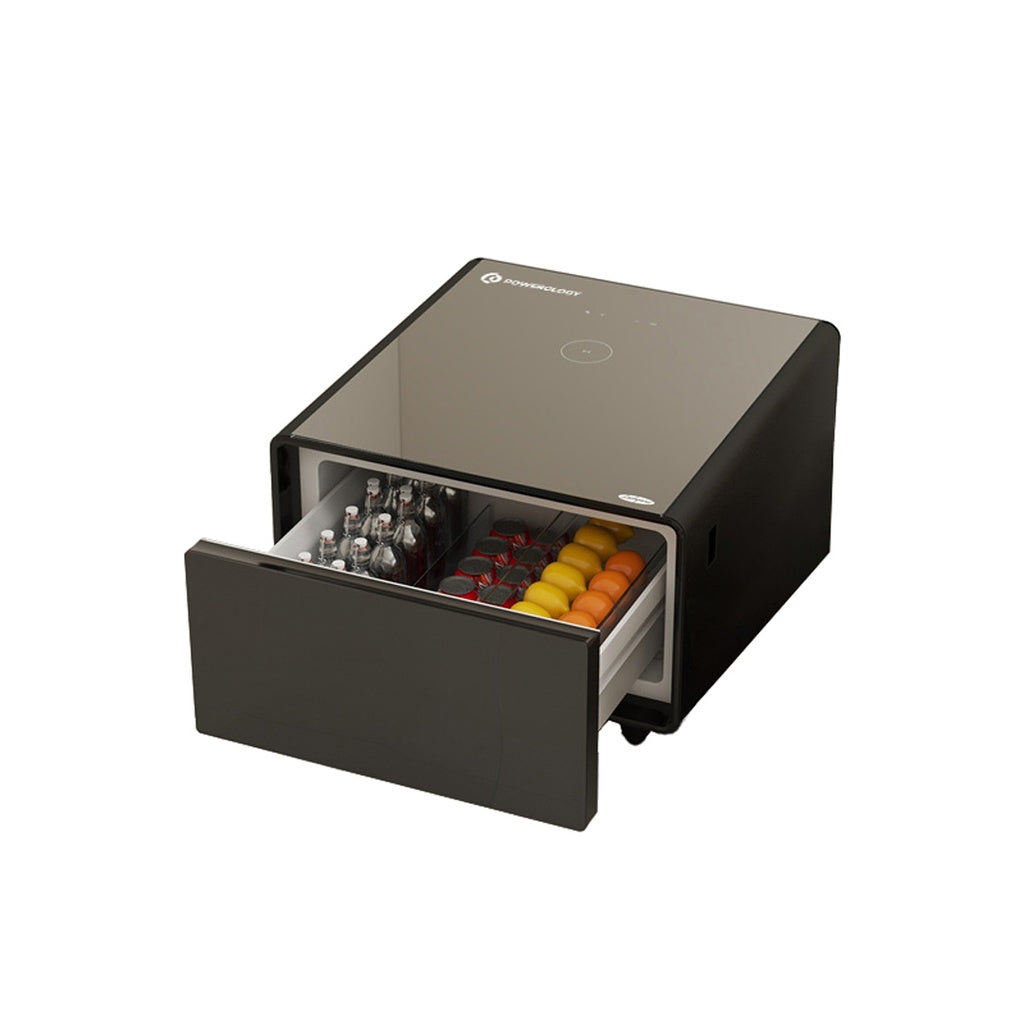ثلاجة طاولة جانبية 65 لتر مع سطح زجاجي من باورولوجي, مع شاشة لمس وشحن لاسلكي ومنافذ يو اس بي - اسود | Powerology 65L Mini Side Table Fridge with LED Touch Display, Wireless Charging & USB Ports – Black