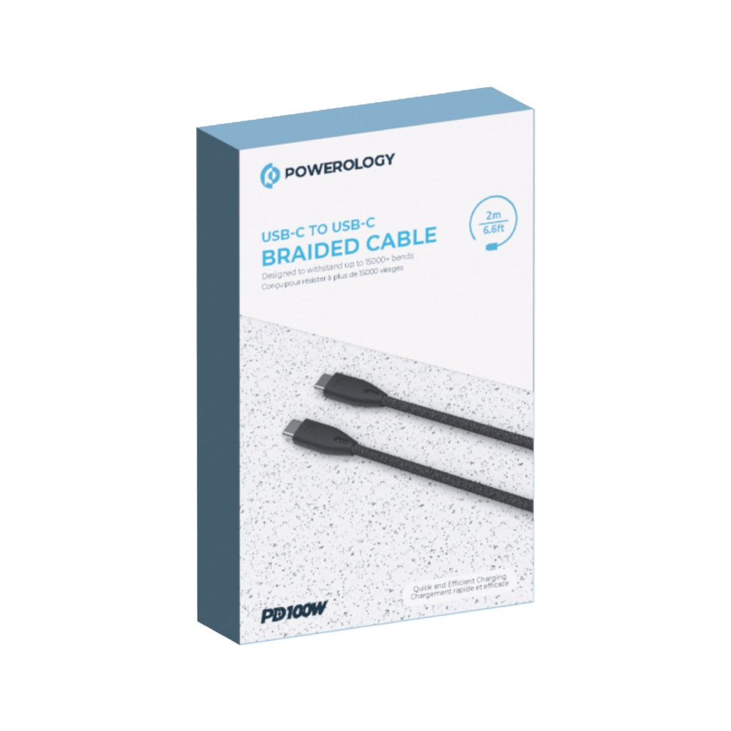 كيبل باورولوجي مضفر يو اس بي سي الى يو اس بي سي بطول 2 متر, شحن سريع 100 واط | Powerology Braided USB-C to USB-C Cable 2M 100W – Fast Charging.
