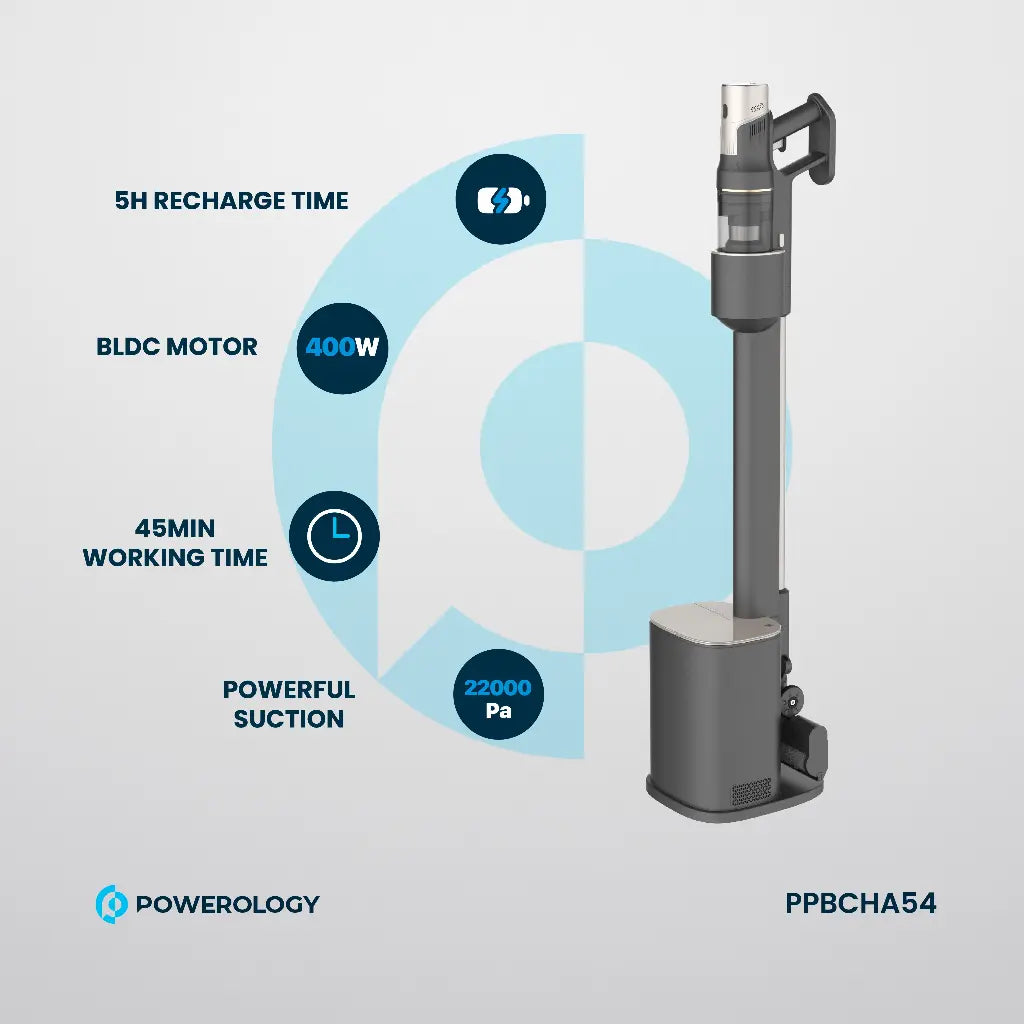 باورولوجي مكنسة كهربائية لاسلكية مع محطة تجميع الغبار التلقائية - اسود | Powerology Cordless Vacuum Cleaner with Dust Auto-Collect Station – Black