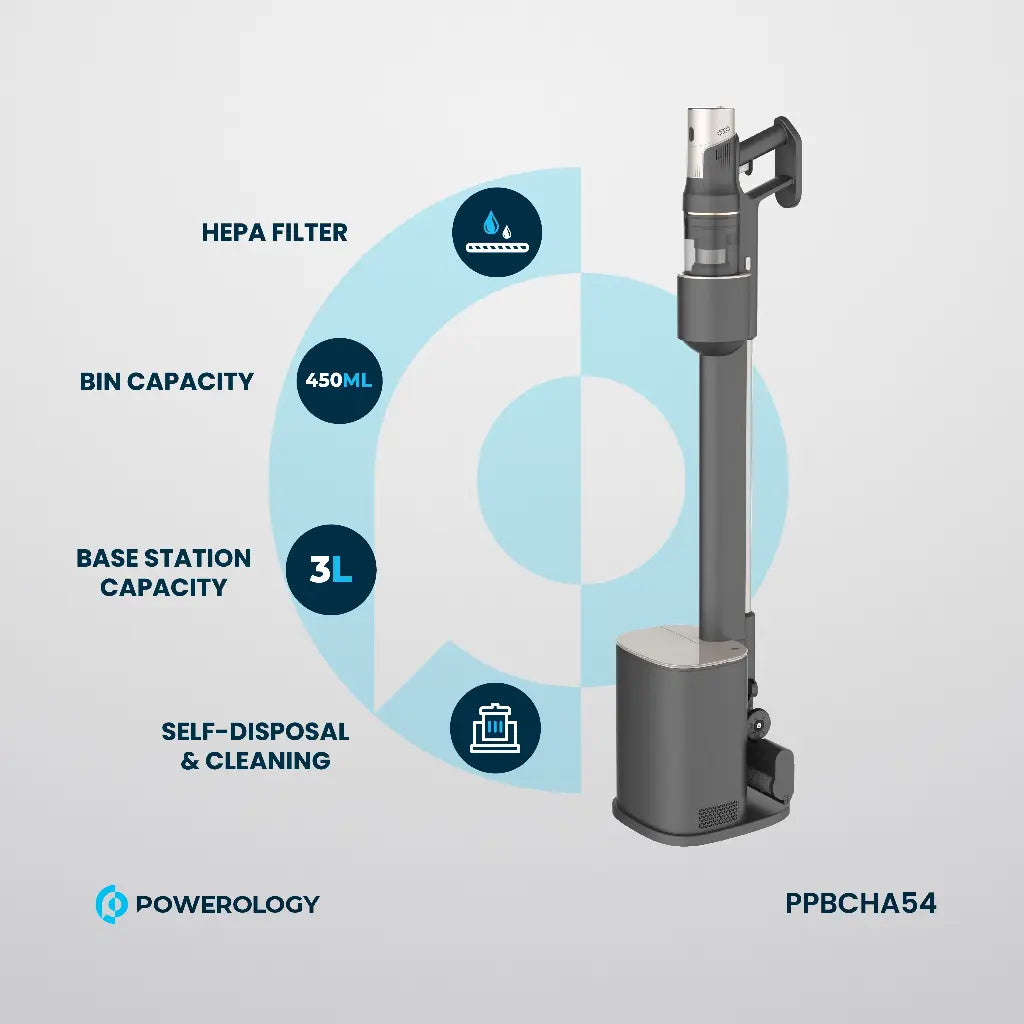 باورولوجي مكنسة كهربائية لاسلكية مع محطة تجميع الغبار التلقائية - اسود | Powerology Cordless Vacuum Cleaner with Dust Auto-Collect Station – Black