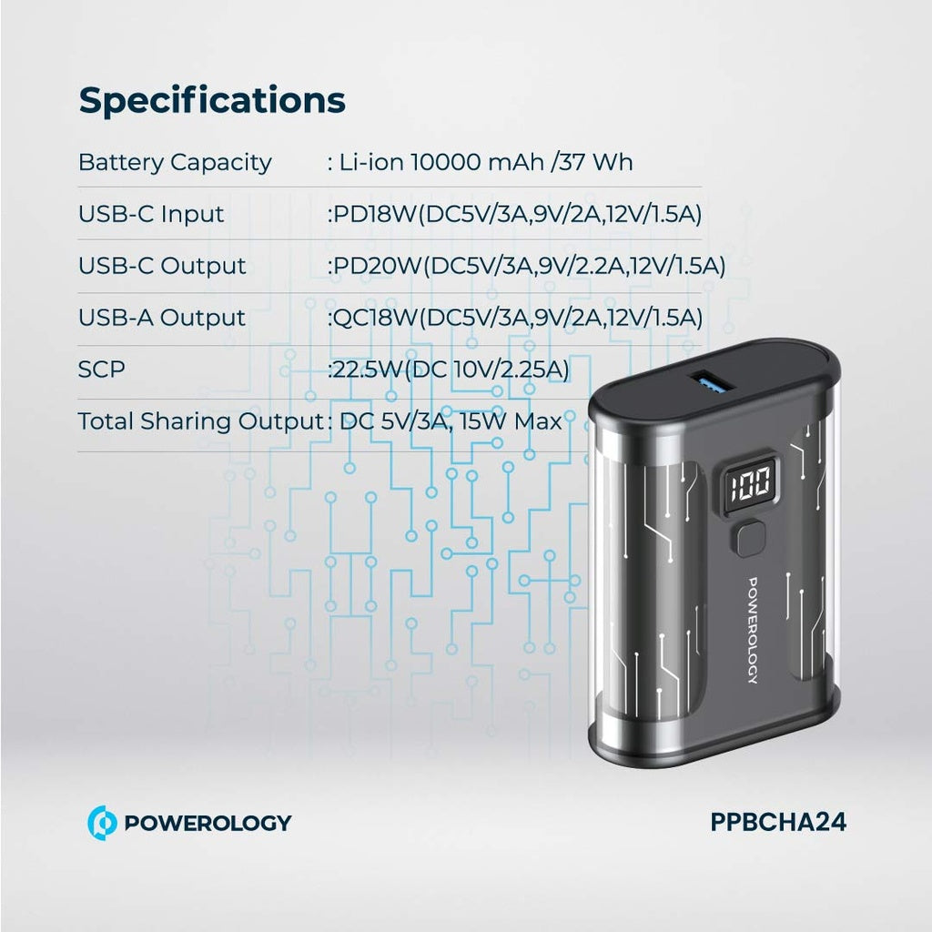باور بانك باورولوجي كريستالين 10000mAh, مع دعم للشحن السريع بقدرة 35 واط | Powerology Crystalline Series Powerbank 10000mAh PD 35W.