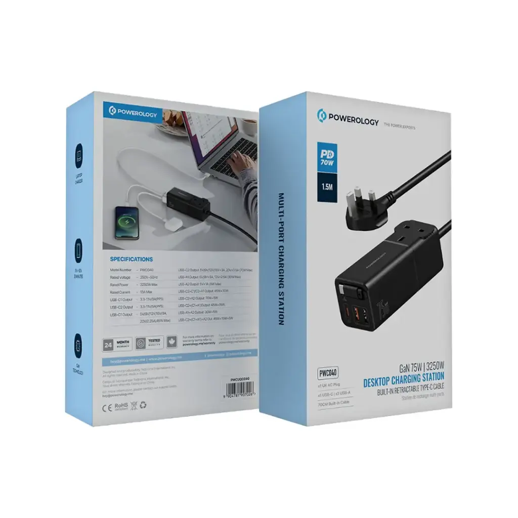 باورولوجي شاحن مكتبي GaN مع منفذين يو اس بي سي ومنفذين يو اس بي اي وكيبل مدمج قابل للسحب - اسود | Powerology PD75W 2USB-C + 2USB-A GaN Desktop Power Strip with Retractable Cable - Black