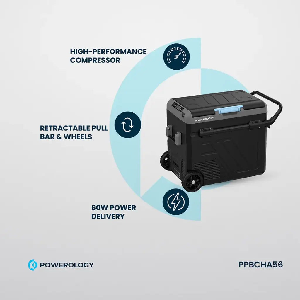 ثلاجة محمولة بقسمين وسعة 60 لتر من باورولوجي, بطارية مدمجة مع عربة سحب - رمادي | Powerology Portable Fridge 60L with Dual Compartment and Trolly - Gray