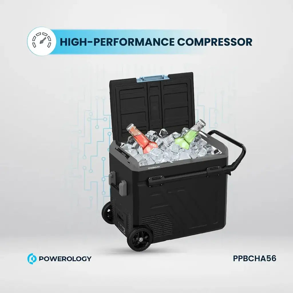 ثلاجة محمولة بقسمين وسعة 60 لتر من باورولوجي, بطارية مدمجة مع عربة سحب - رمادي | Powerology Portable Fridge 60L with Dual Compartment and Trolly - Gray