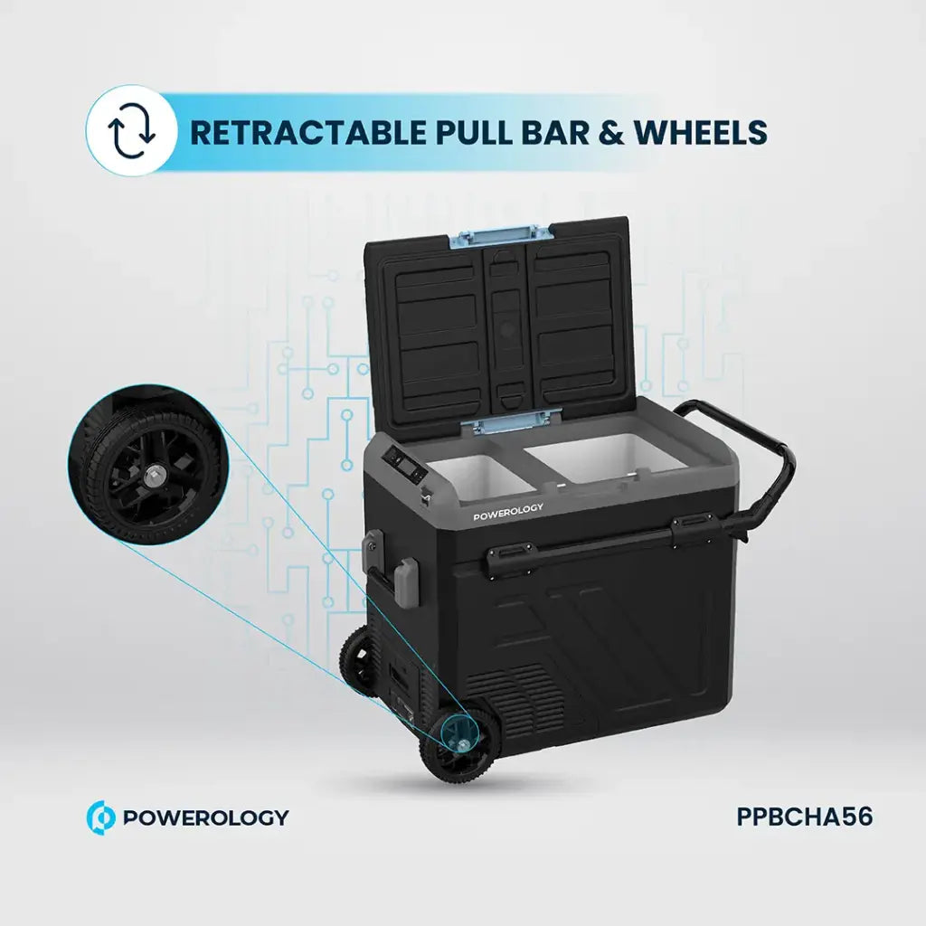 ثلاجة محمولة بقسمين وسعة 60 لتر من باورولوجي, بطارية مدمجة مع عربة سحب - رمادي | Powerology Portable Fridge 60L with Dual Compartment and Trolly - Gray