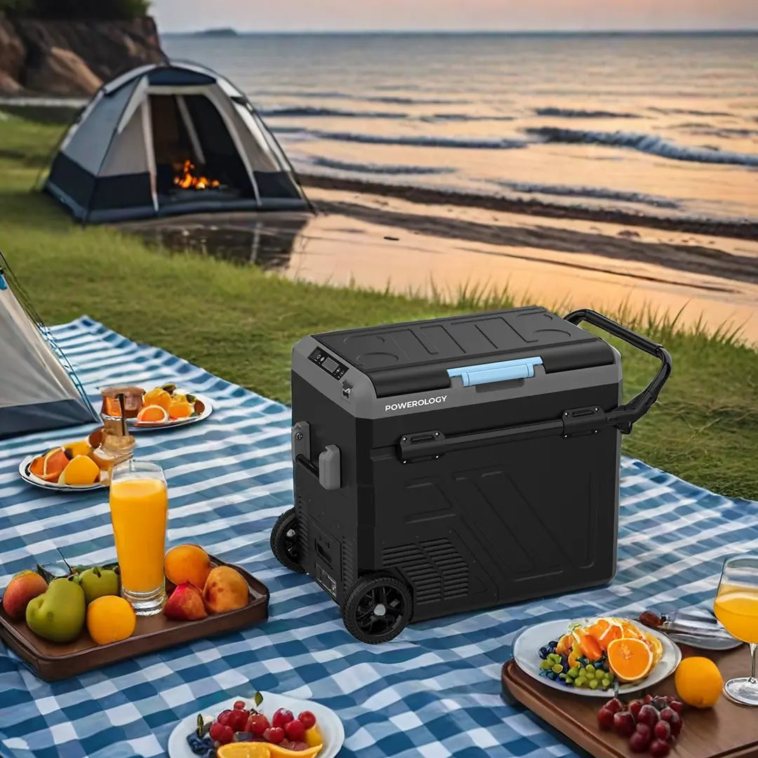 ثلاجة محمولة بقسمين وسعة 60 لتر من باورولوجي, بطارية مدمجة مع عربة سحب - رمادي | Powerology Portable Fridge 60L with Dual Compartment and Trolly - Gray