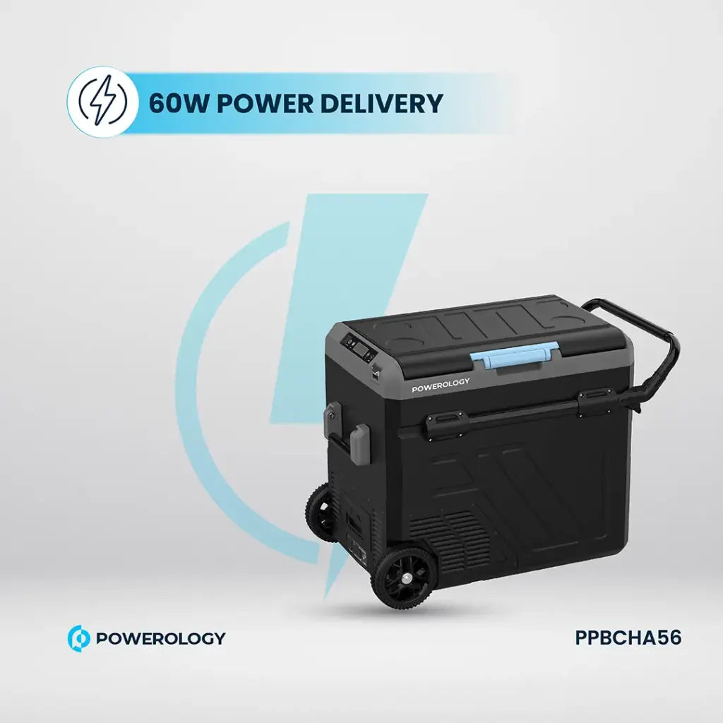 ثلاجة محمولة بقسمين وسعة 60 لتر من باورولوجي, بطارية مدمجة مع عربة سحب - رمادي | Powerology Portable Fridge 60L with Dual Compartment and Trolly - Gray