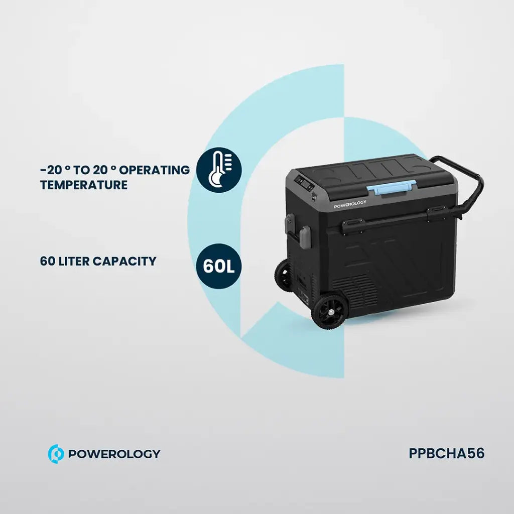 ثلاجة محمولة بقسمين وسعة 60 لتر من باورولوجي, بطارية مدمجة مع عربة سحب - رمادي | Powerology Portable Fridge 60L with Dual Compartment and Trolly - Gray