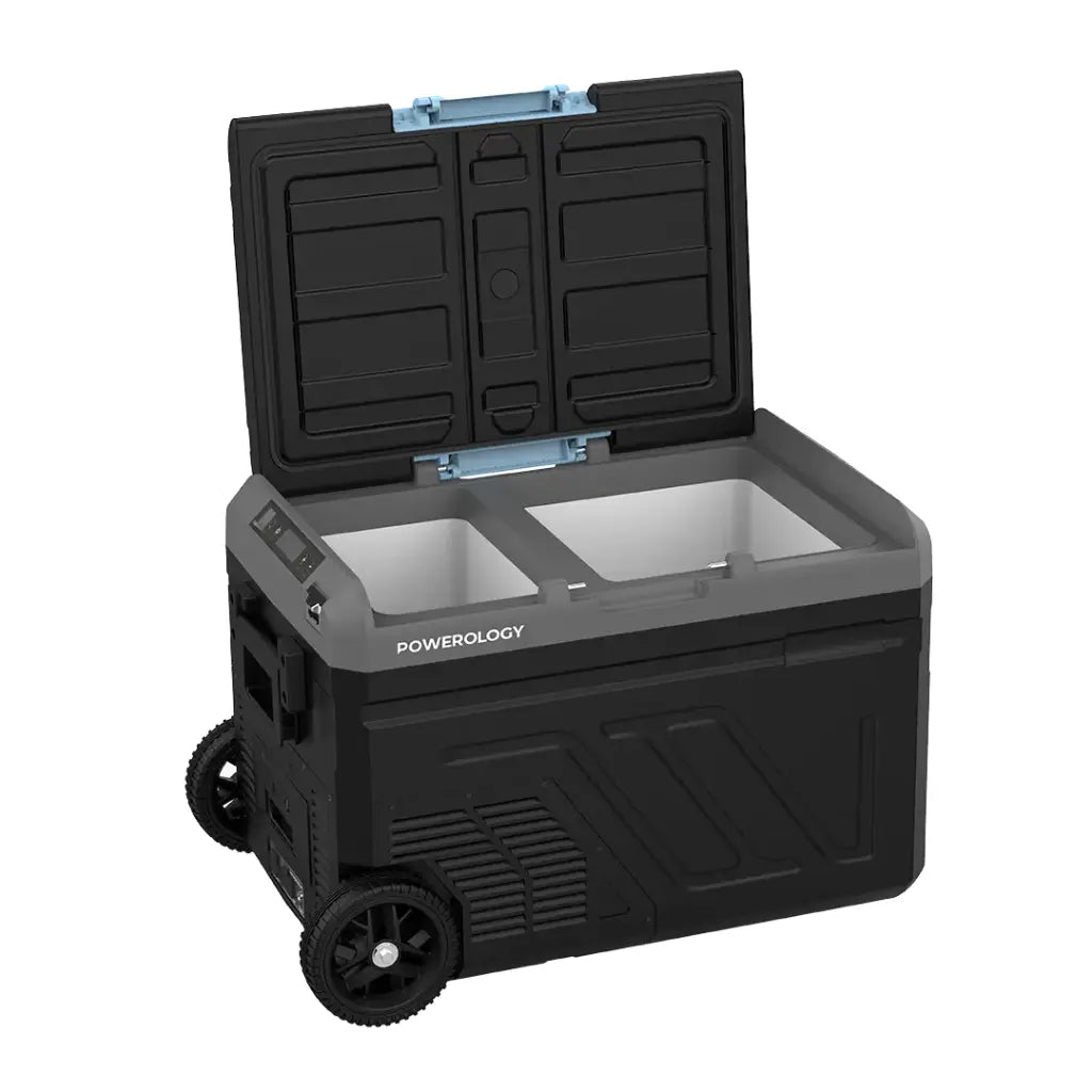 ثلاجة محمولة بسعة 40 لتر وبطارية 20800 مللي امبير من باورولوجي, مع حجرة مزدوجة وعجلات - رمادي | Powerology Portable Fridge 40L with Dual Compartment & Trolley Wheels – Gray